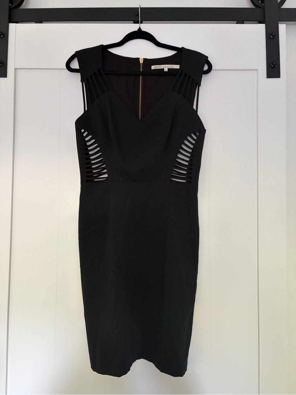 RACHEL Rachel Roy Black Midi Sheath Dress with Side Ladder Cutouts